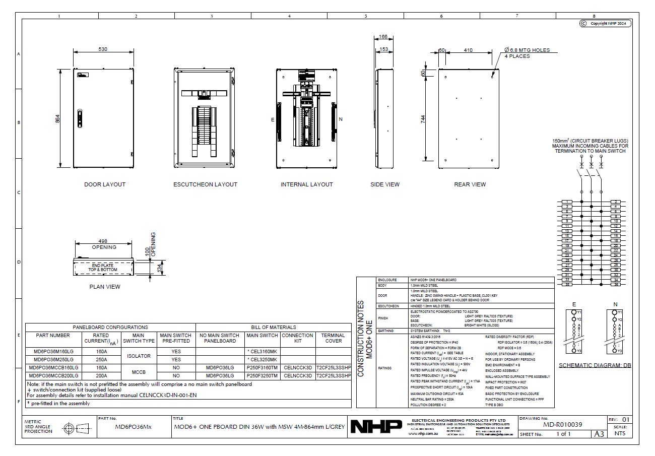 NHP Distribution Panelboard 36P 160A 415V 864x530x153mm | Cetnaj